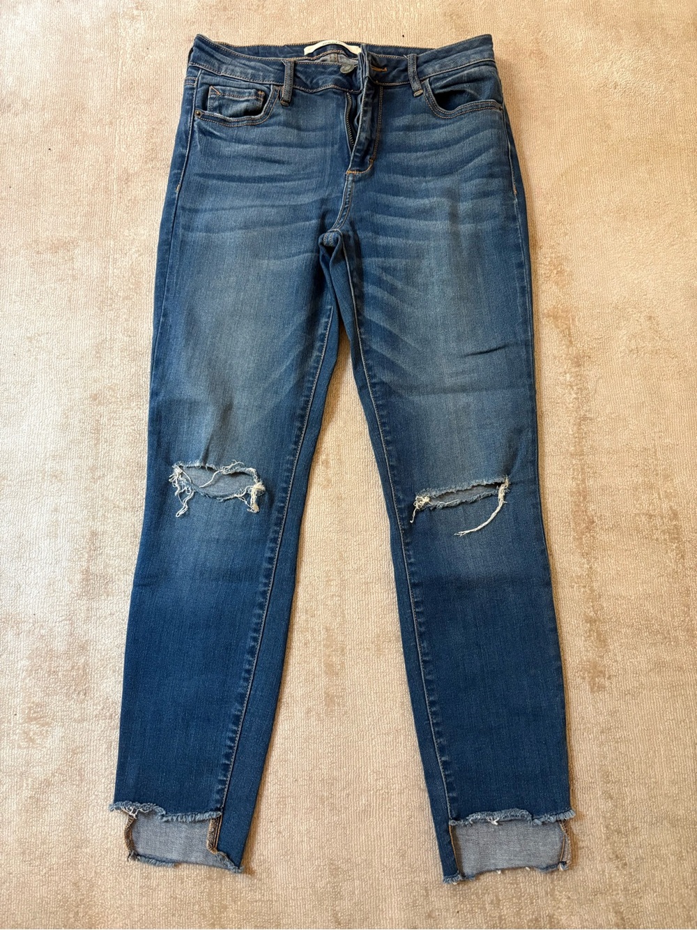 Women’s Distressed Dark Blue Skinny Jeans with Raw Hem